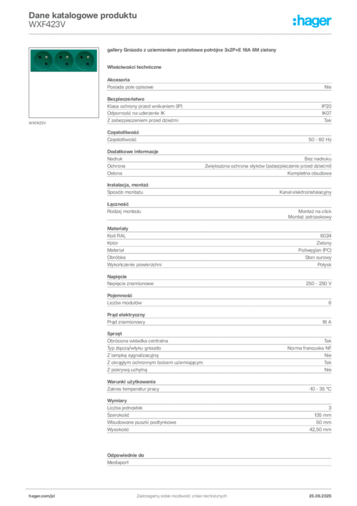 Zdjęcie Hager Dane katalogowe produktu WXF423V | Hager Polska