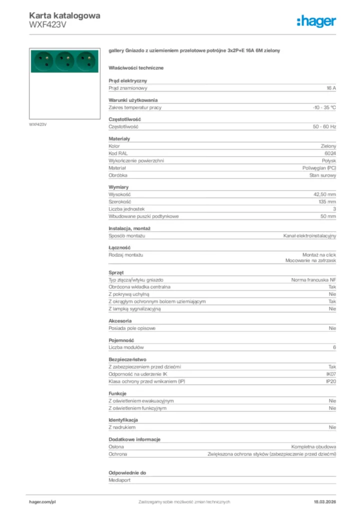 Zdjęcie Hager Karta katalogowa WXF423V | Hager Polska