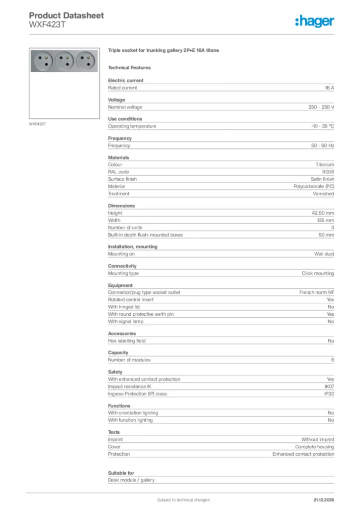 Image Hager Product data sheet WXF423T  | Hager Africa