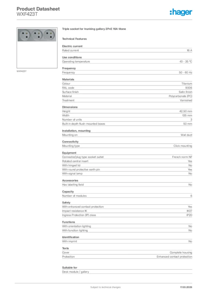 Image Hager Product data sheet WXF423T  | Hager Africa