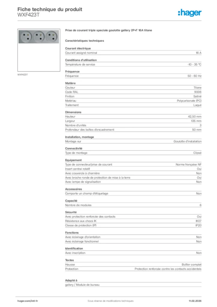 Image Hager Fiche technique du produit WXF423T | Hager Afrique
