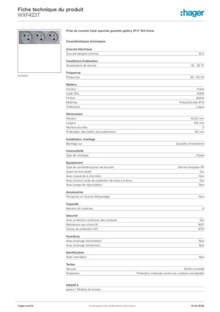 Image Hager Fiche technique du produit WXF423T | Hager France