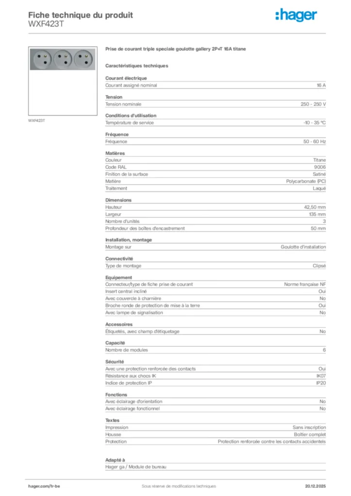 Image Hager Fiche technique du produit WXF423T | Hager Belgique