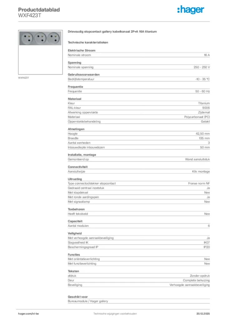 Afbeelding Hager Productdatablad WXF423T | Hager Belgium