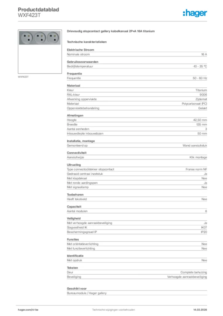 Afbeelding Hager Productdatablad WXF423T | Hager Belgium
