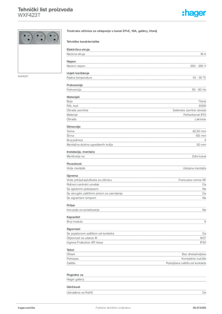 Slika Hager Product data sheet WXF423T  | Hager