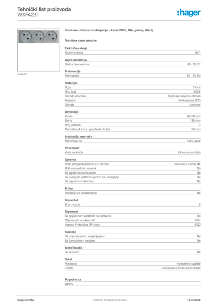 Slika Hager Tehnički list proizvoda WXF423T  | Hager
