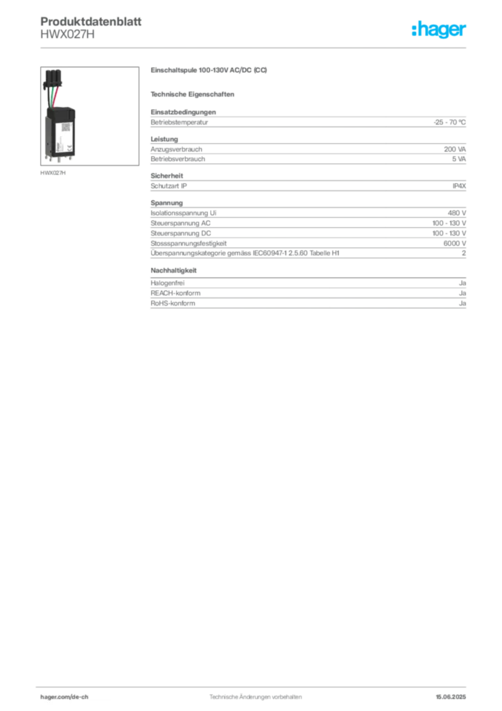 Bild Hager Produktdatenblatt HWX027H | Hager Schweiz