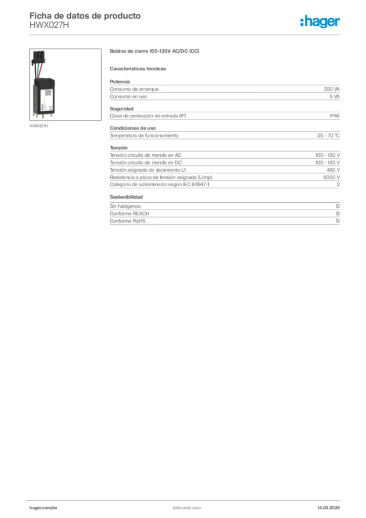 Imagen Hager Ficha de datos de producto HWX027H | Hager España