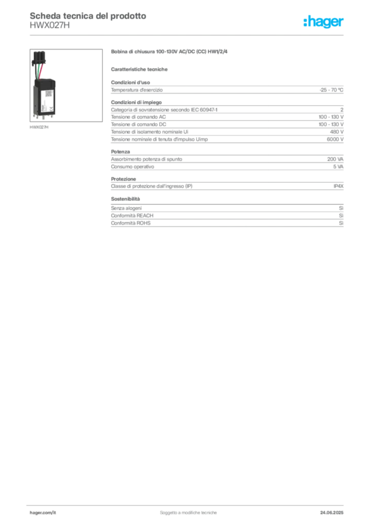 Immagine Hager Scheda tecnica del prodotto HWX027H | Hager Italia