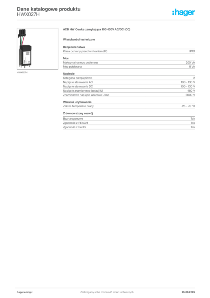 Zdjęcie Hager Dane katalogowe produktu HWX027H | Hager Polska