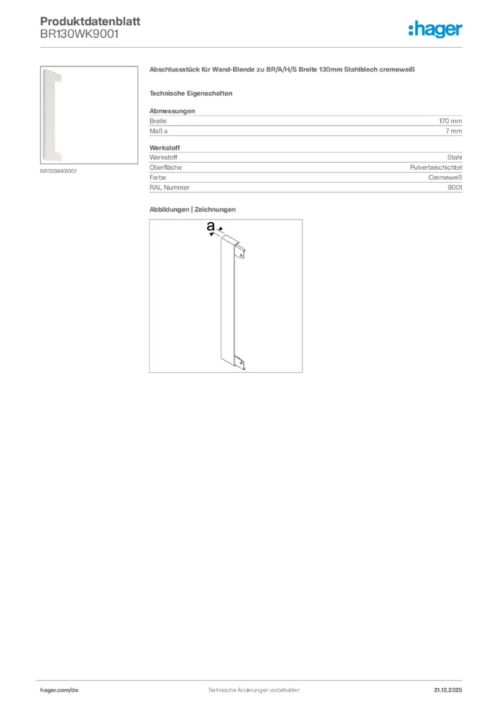 Bild Hager Produktdatenblatt BR130WK9001 | Hager Deutschland