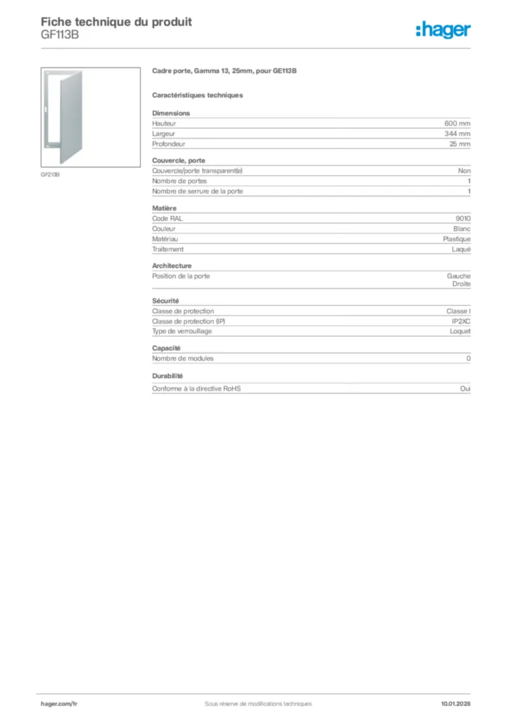 Image Hager Fiche technique du produit GF113B | Hager France