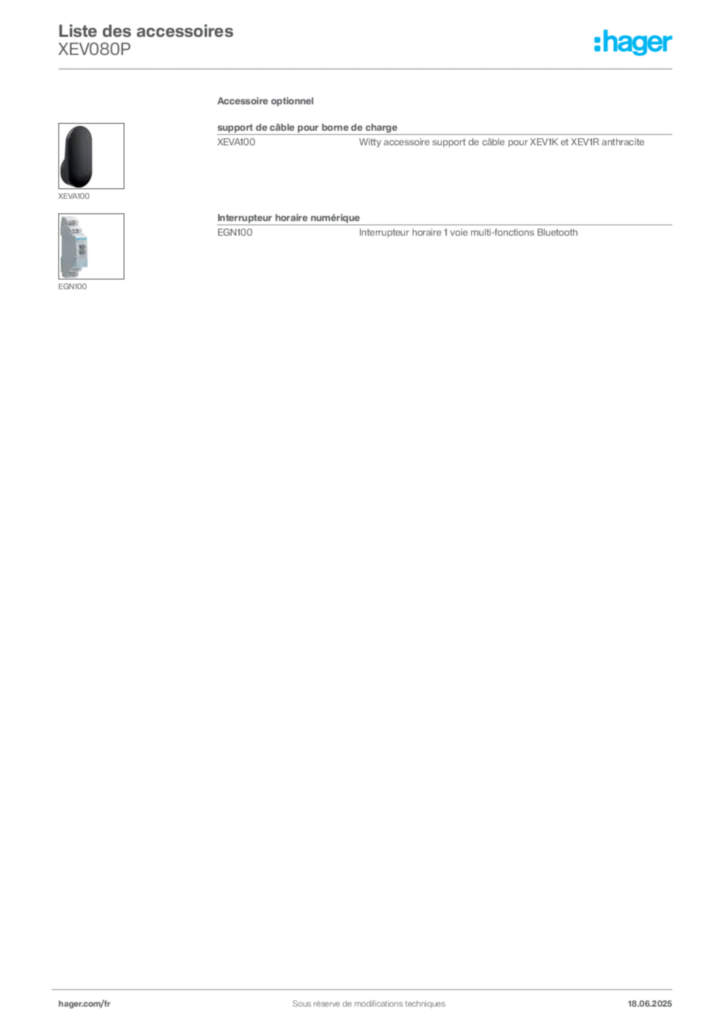 Image Hager Fiche technique du produit XEV080P | Hager France
