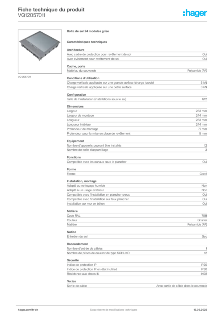 Image Hager Fiche technique du produit VQ12057011 | Hager Suisse