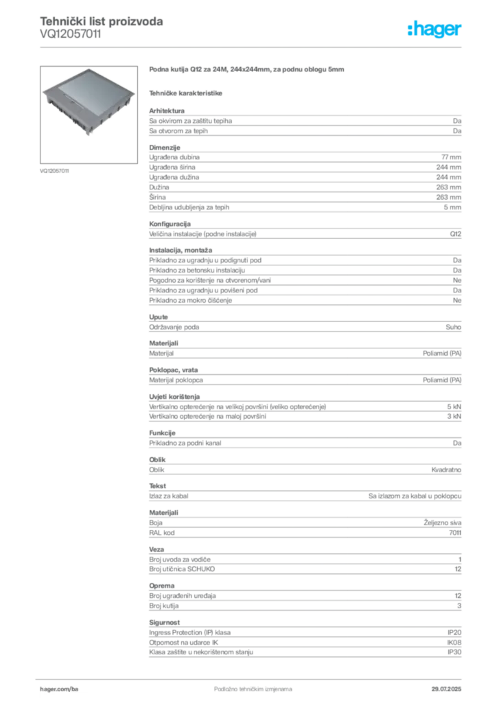 Slika Hager Product data sheet VQ12057011  | Hager
