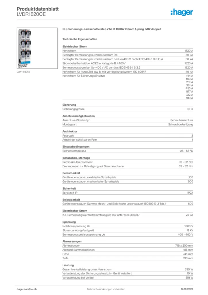 Bild Hager Produktdatenblatt LVDR1820CE | Hager Schweiz