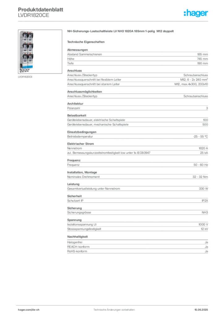 Bild Hager Produktdatenblatt LVDR1820CE | Hager Schweiz