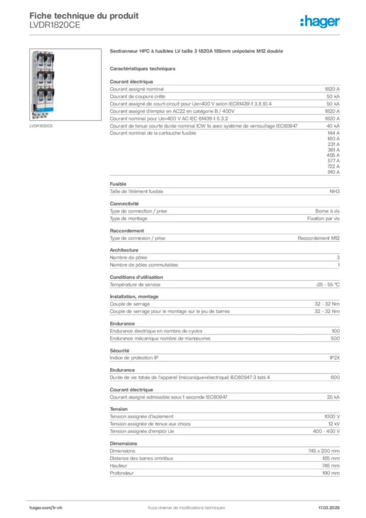 Image Hager Fiche technique du produit LVDR1820CE | Hager Suisse