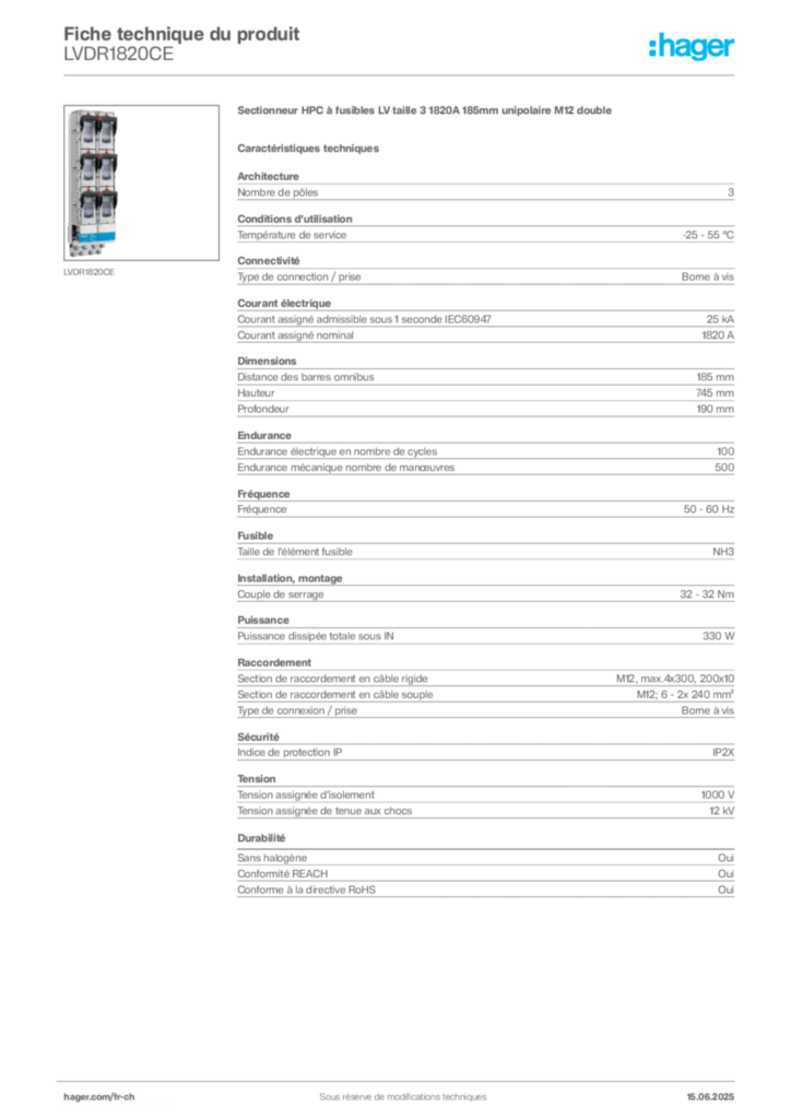 Image Hager Fiche technique du produit LVDR1820CE | Hager Suisse