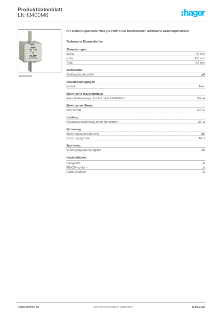 Bild Hager Produktdatenblatt LNH3400M6 | Hager Schweiz