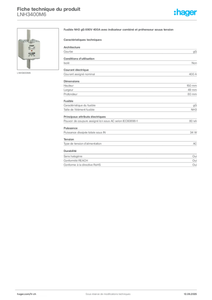 Image Hager Fiche technique du produit LNH3400M6 | Hager Suisse