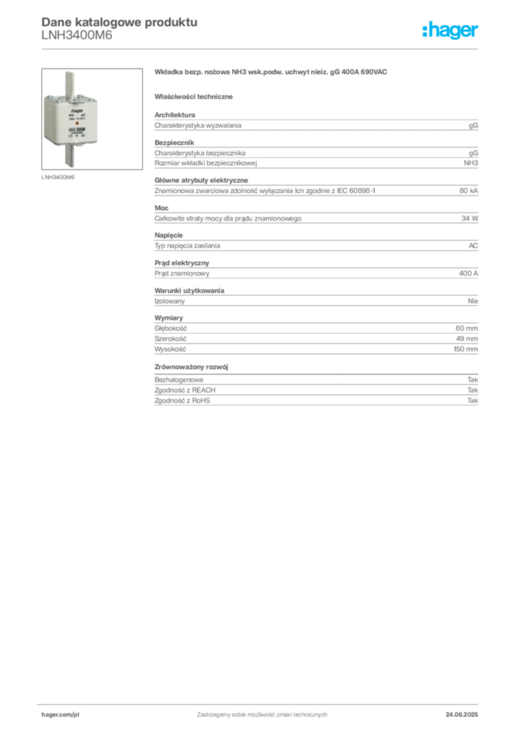 Zdjęcie Hager Dane katalogowe produktu LNH3400M6 | Hager Polska