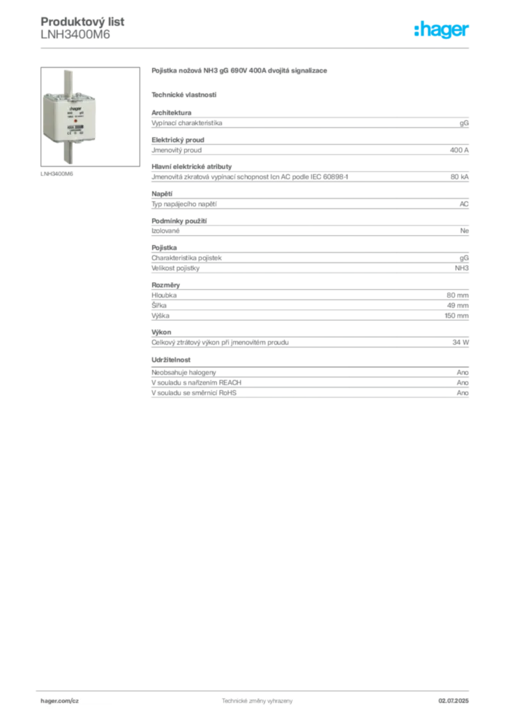 Obrázek Hager Produktový list LNH3400M6 | Hager