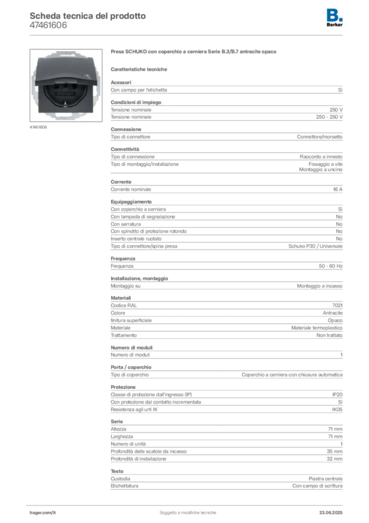 Immagine Berker Scheda tecnica del prodotto 47461606 | Hager Italia