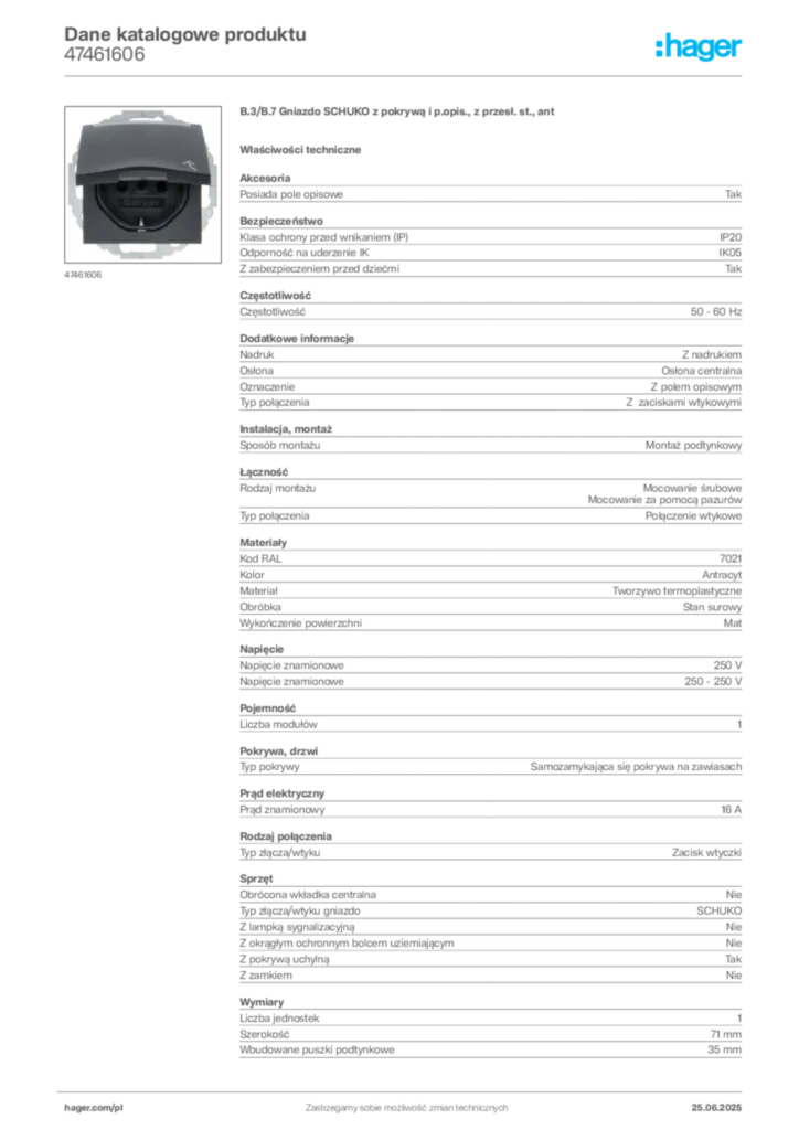 Zdjęcie Hager Dane katalogowe produktu 47461606 | Hager Polska