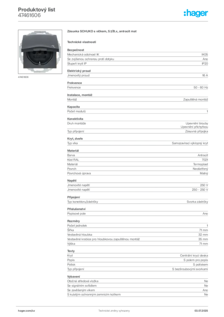 Obrázek Hager Produktový list 47461606 | Hager