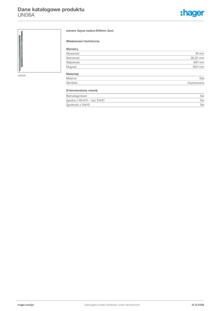 Zdjęcie Hager Dane katalogowe produktu UN06A | Hager Polska
