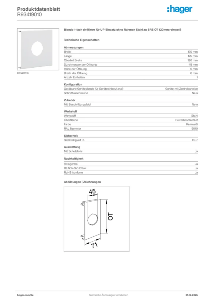Bild Hager Produktdatenblatt R93419010 | Hager Deutschland