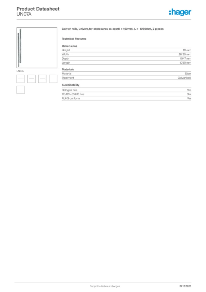 Image Hager Product data sheet UN07A  | Hager Africa