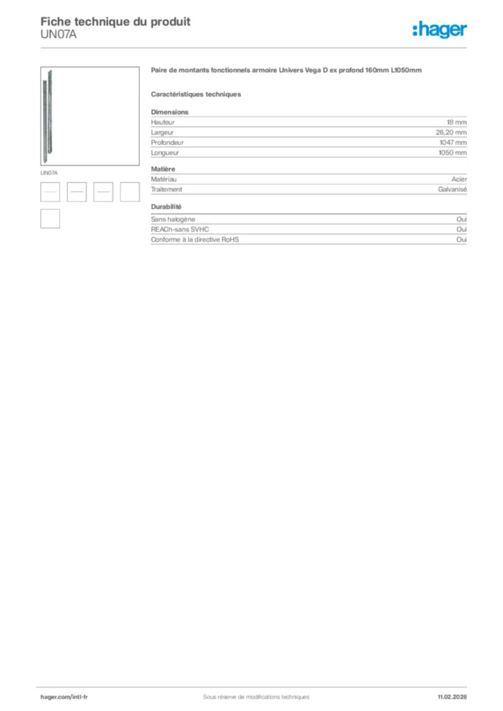 Image Hager Fiche technique du produit UN07A | Hager Afrique