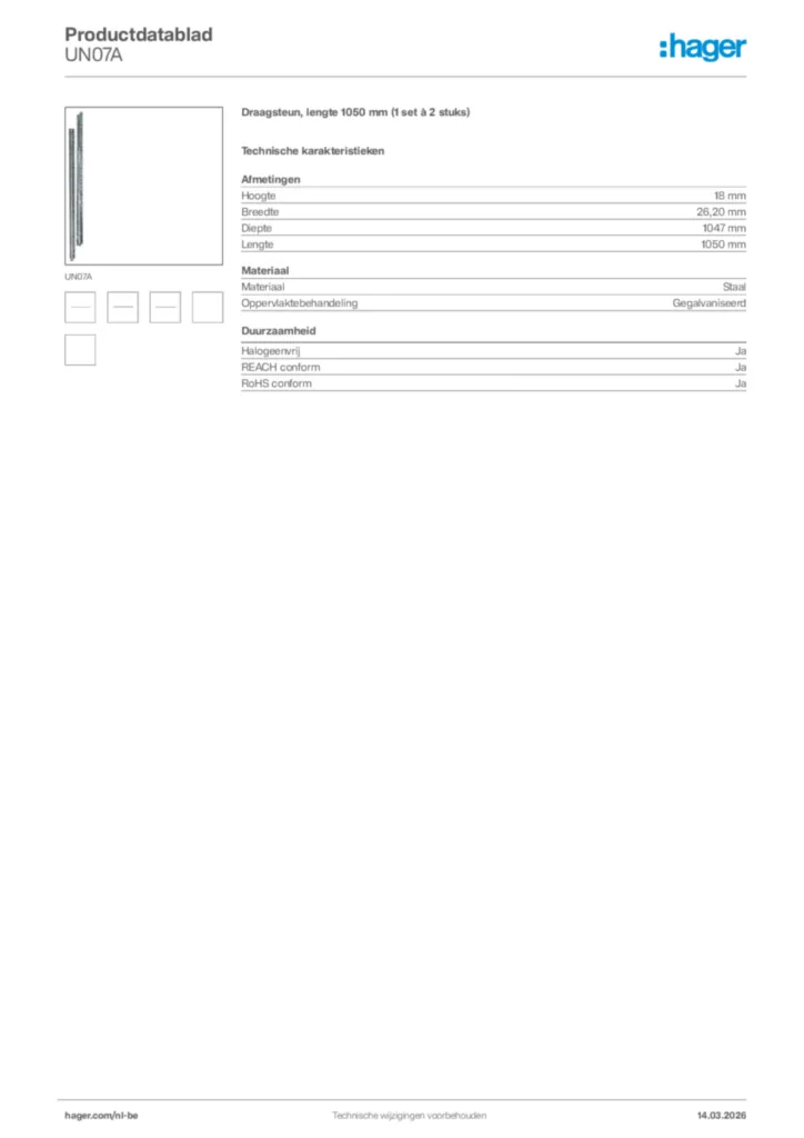 Afbeelding Hager Productdatablad UN07A | Hager Belgium