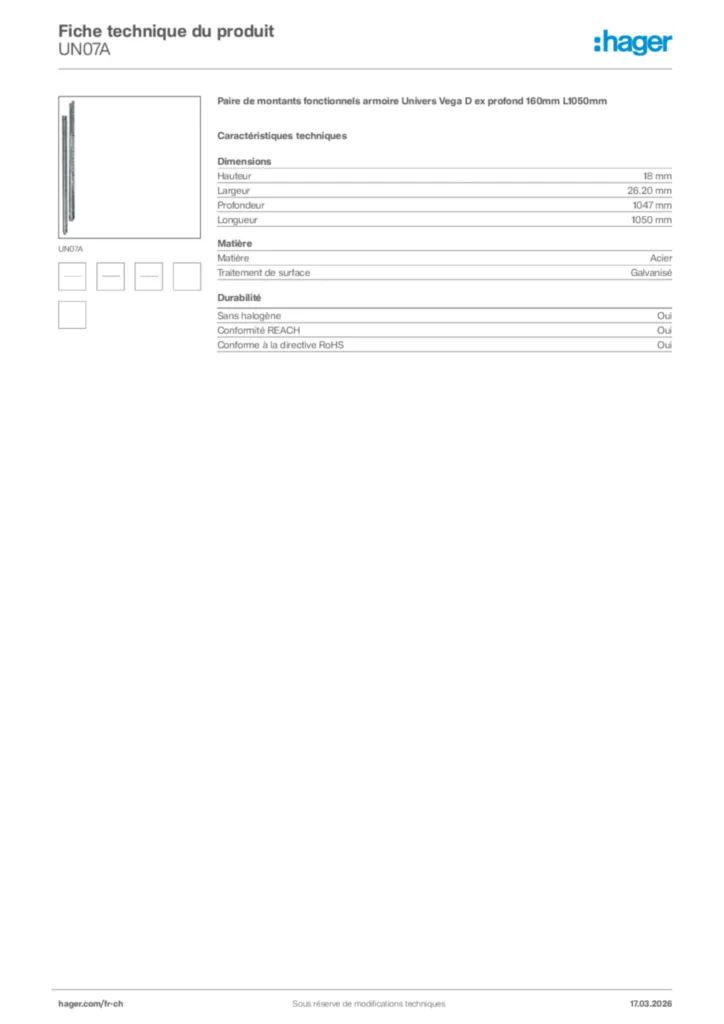 Image Hager Fiche technique du produit UN07A | Hager Suisse