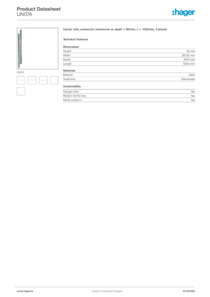 Image Hager Product data sheet UN07A  | Hager