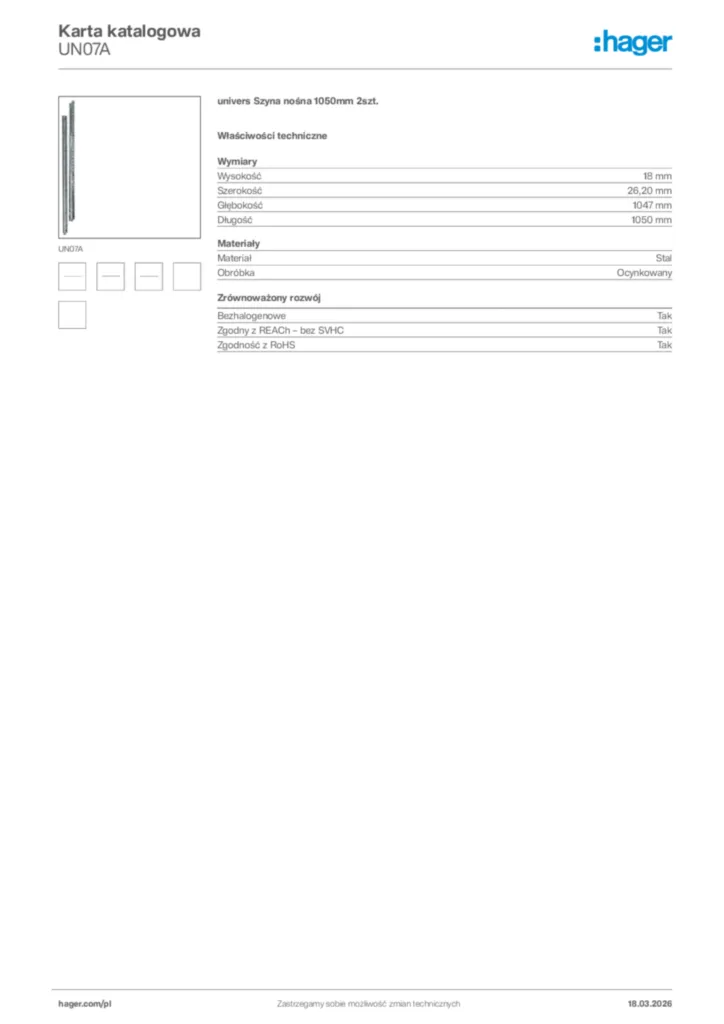 Zdjęcie Hager Karta katalogowa UN07A | Hager Polska