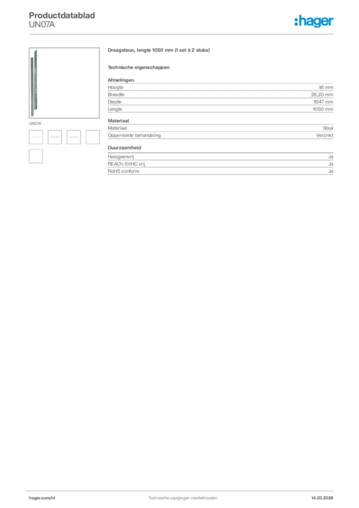 Afbeelding Hager Productdatablad UN07A | Hager Nederland