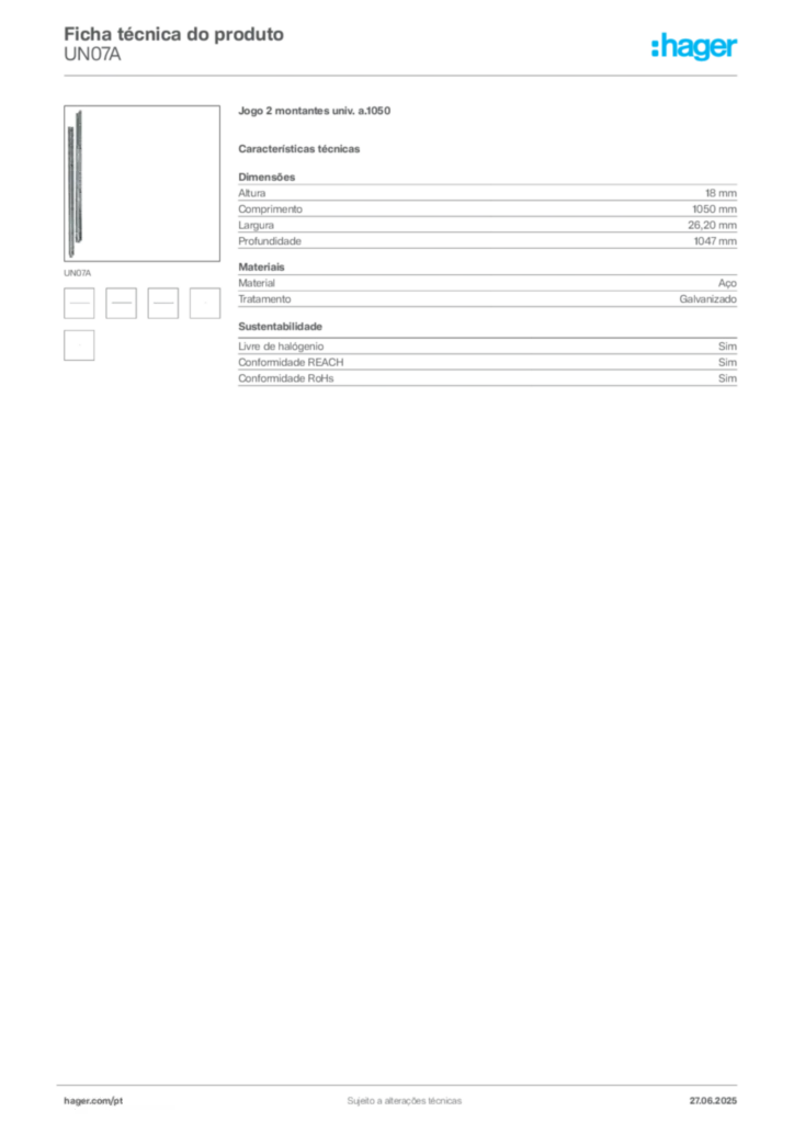 Imagem Hager Ficha técnica do produto UN07A | Hager Portugal