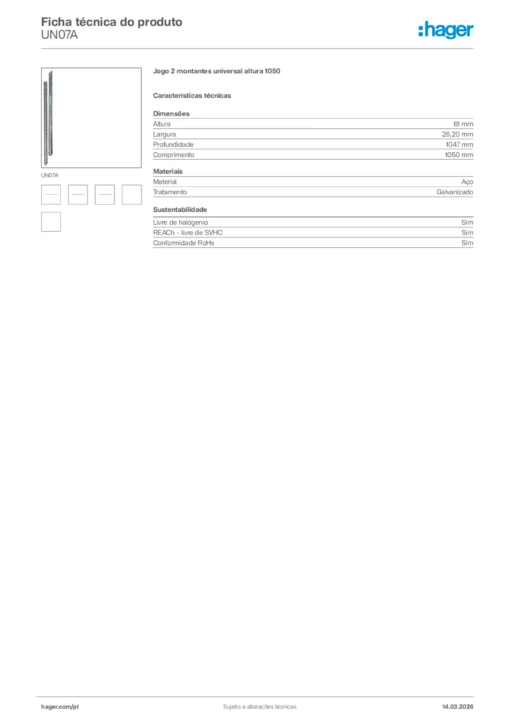 Imagem Hager Ficha técnica do produto UN07A | Hager Portugal