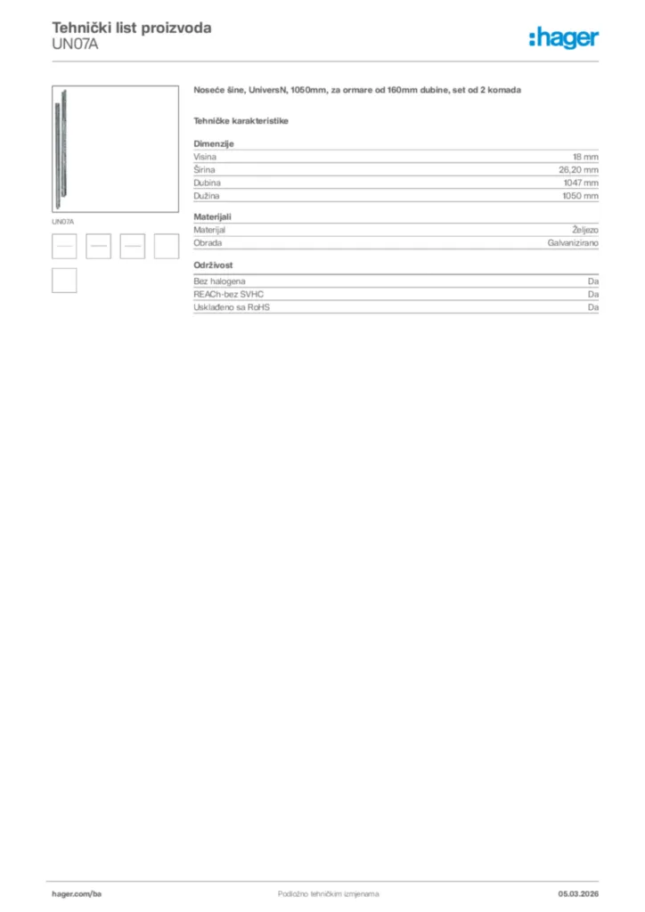 Slika Hager Tehnički list proizvoda UN07A  | Hager