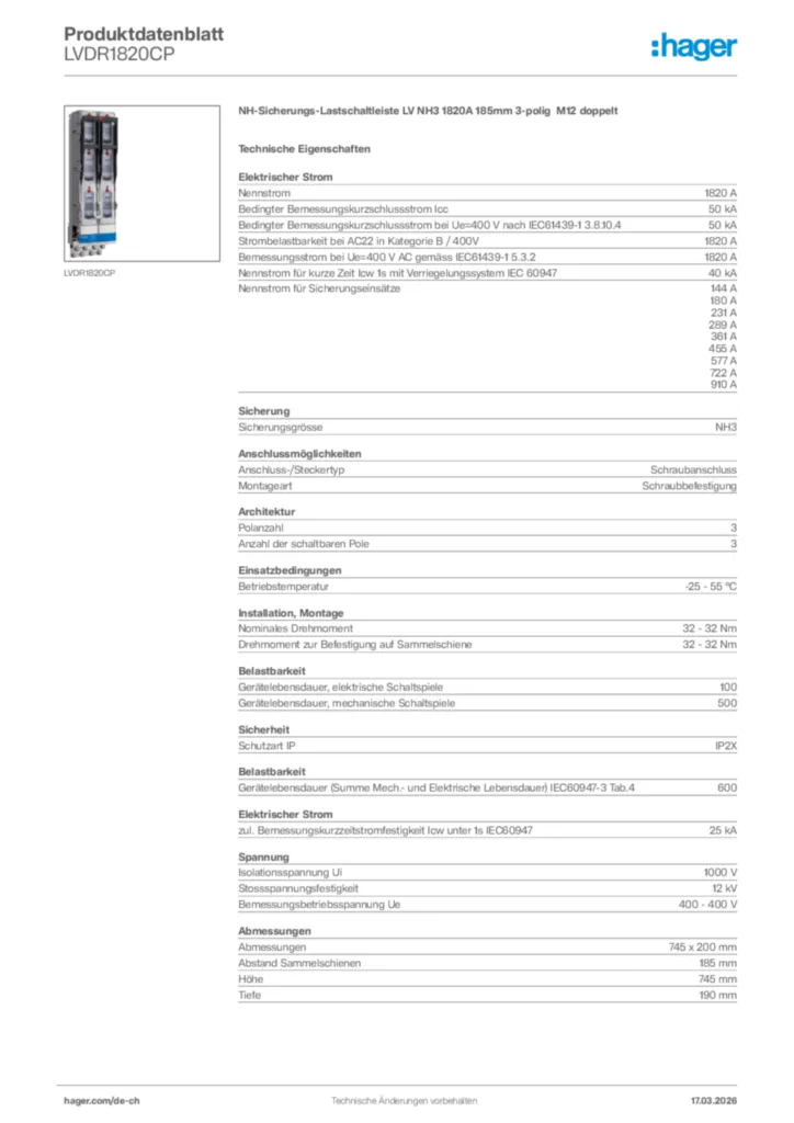 Bild Hager Produktdatenblatt LVDR1820CP | Hager Schweiz