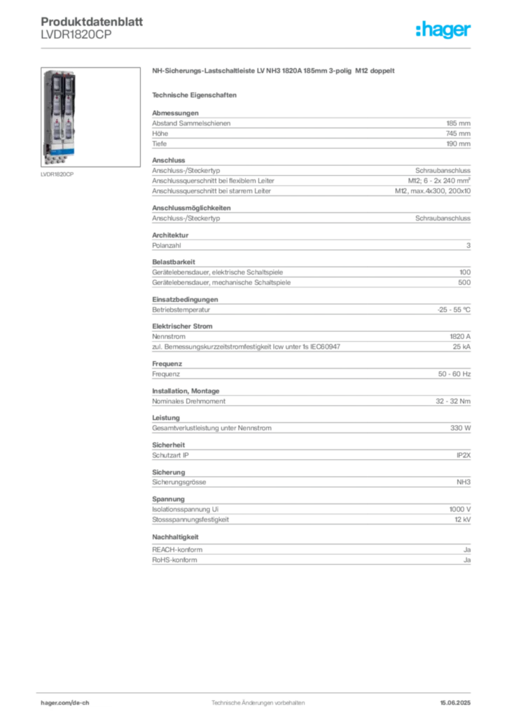 Bild Hager Produktdatenblatt LVDR1820CP | Hager Schweiz