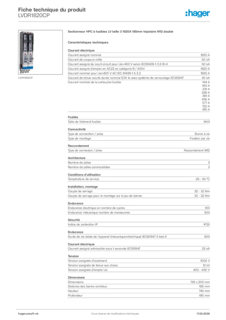 Image Hager Fiche technique du produit LVDR1820CP | Hager Suisse