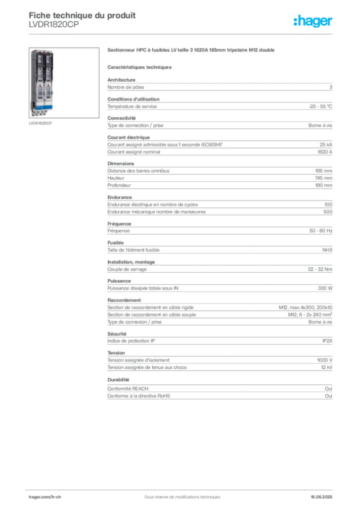 Image Hager Fiche technique du produit LVDR1820CP | Hager Suisse