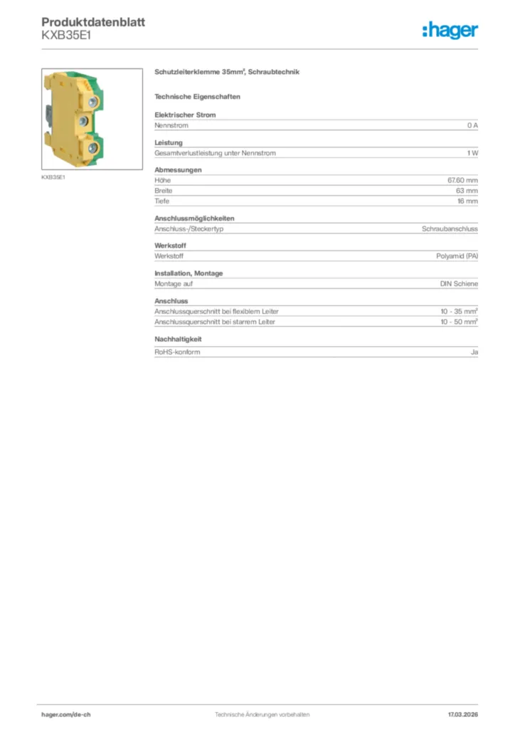 Bild Hager Produktdatenblatt KXB35E1 | Hager Schweiz