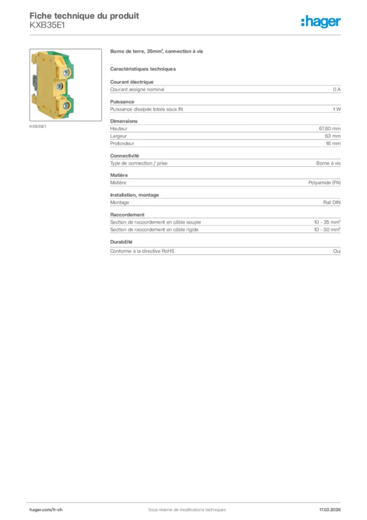 Image Hager Fiche technique du produit KXB35E1 | Hager Suisse