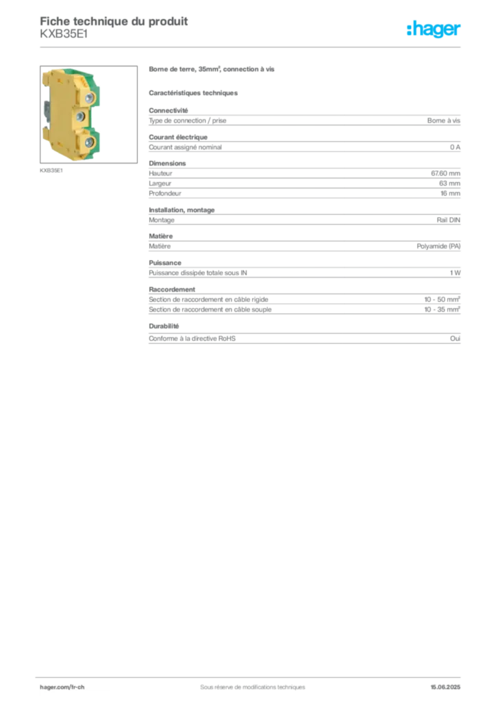 Image Hager Fiche technique du produit KXB35E1 | Hager Suisse